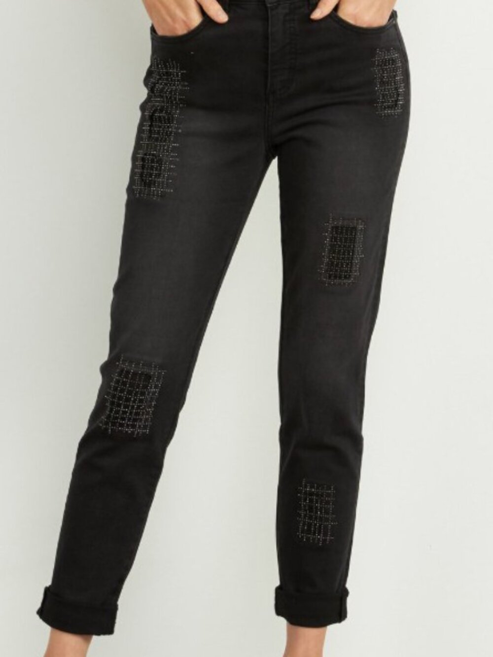Joseph Ribkoff Rhinestone Embellished Patchwork Jeans Charcoal Black 204959